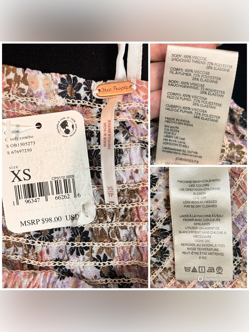 Free People NWT Back On Top Smocked Crop Top Soft Combo Floral Blouse XS S $98 - Picture 6 of 10